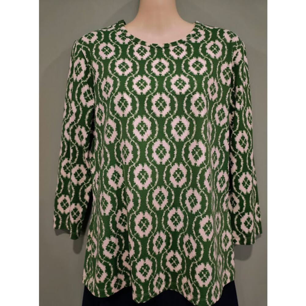 J. McLaughlin 3/4 Sleeve Stretch Top with Round Neck, Green‎ and Cream, Sz L